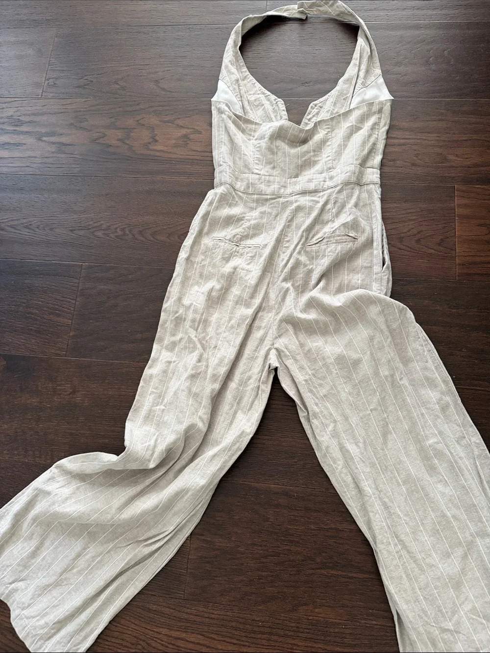 Zara Cream Pinstripe Halter Wide-Leg Jumpsuit